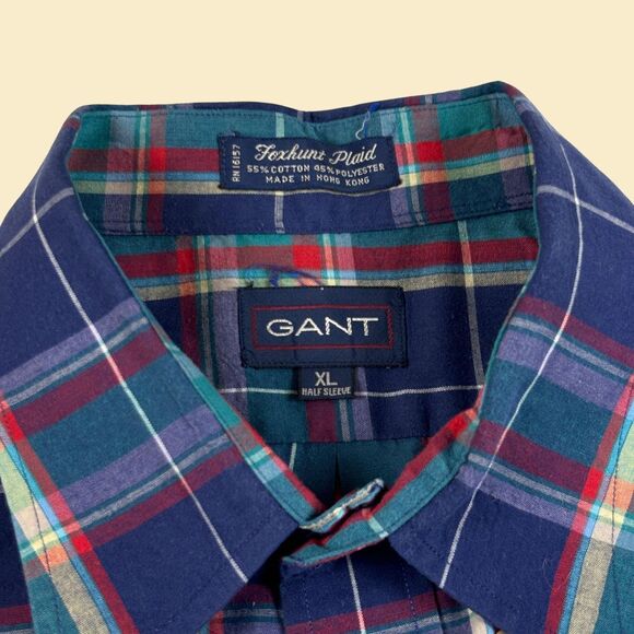 90s XL Gant shirt, vintage blue & teal short sleeve plaid mens button down top - Picture 6 of 10